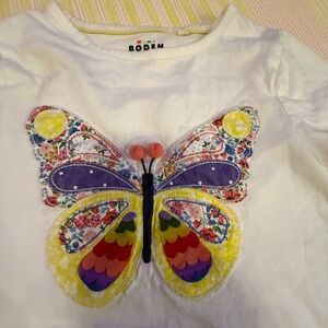 Boden Kids Long Sleeve Tee with Vibrant Butterfly - White and Multicolor